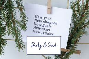 Neujahrs-Vorsätze Notizzettel mit Tannenzweigen und Body & Soul Logo - warum Vorsätze ab 40 in den Wechseljahren scheitern